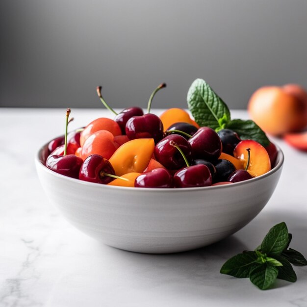 A bowl of cherries and peaches with a mint leaf on the side.