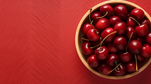 A bowl of cherries on a red background