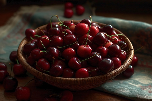 A bowl of cherries sits on a table with a green cloth in the background.