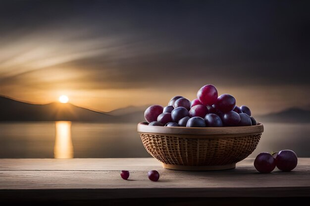 a bowl of cherries sits on a table with a sunset in the background.