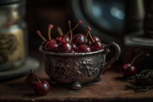 A bowl of cherries sits on a table with the word cherries on it.