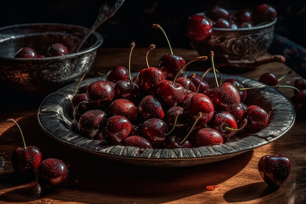 A bowl of cherries sits on a table.