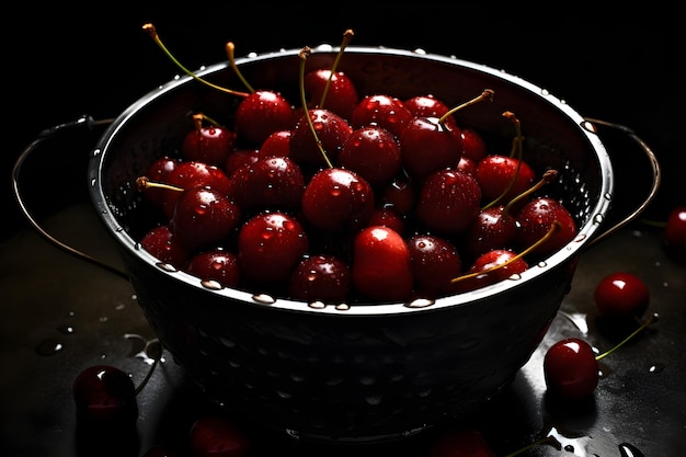 A bowl of cherries sits on a wet surface.