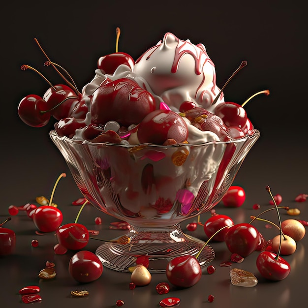 A bowl of cherries and whipped cream with a few petals on it.