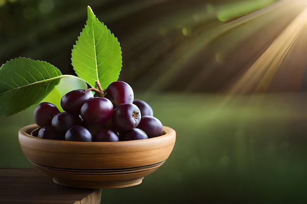 A bowl of cherries with a green background