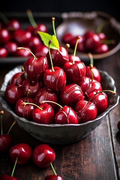 Photo a bowl of cherries with a green leaf on the top.