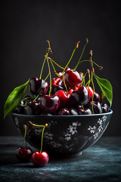 Bowl of cherries with green leaves on dark background with space for text Generative AI