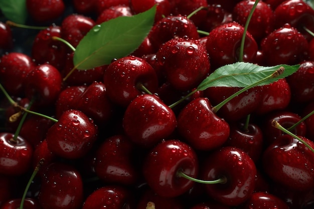 A bowl of cherries with green leaves