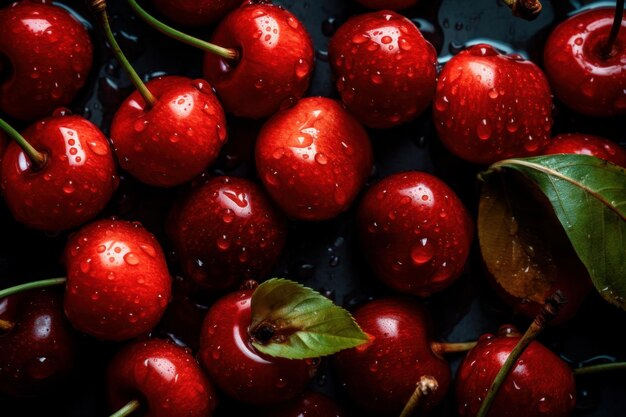 A bowl of cherries with a leaf on it