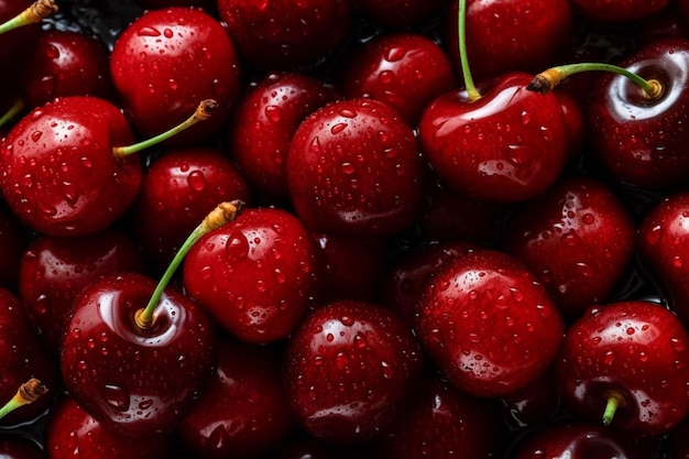 A bowl of cherries with water droplets on them