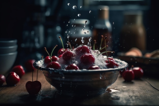 A bowl of cherries with water splashing on it