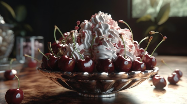 A bowl of cherries with whipped cream and red and white frosting sits on a table.