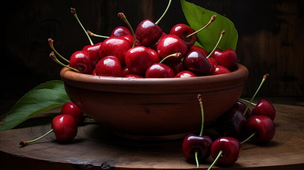 Bowl of Cherries on Wooden Table