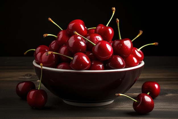 A bowl of cherries on a wooden table