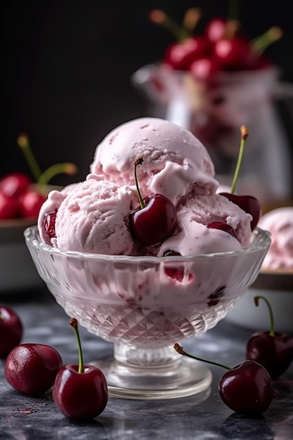 A bowl of cherry ice cream with cherries in the background