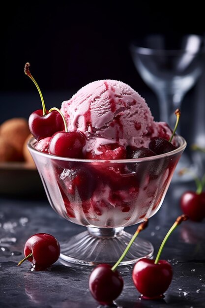 A bowl of cherry ice cream with cherries in the background