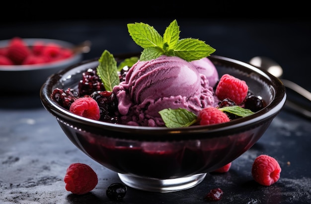 Photo a bowl of cherry ice cream with mint leaves