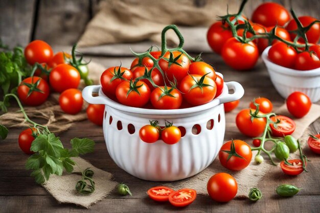 a bowl of cherry tomatoes sits on a table with a bunch of tomatoes