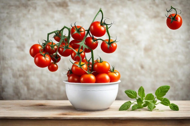 a bowl of cherry tomatoes on a wooden table