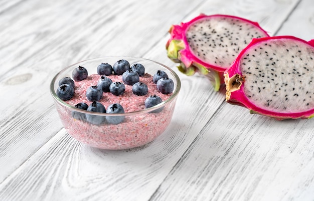 Bowl of chia pudding with fresh blueberries and pitaya