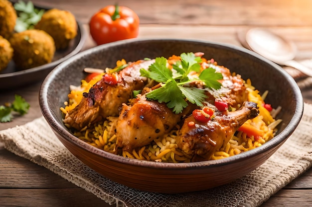 A bowl of chicken biryani with a bowl of rice and a bowl of tomatoes on the table.