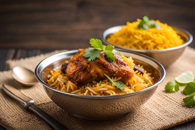 A bowl of chicken biryani with a bowl of rice and a bowl of yellow rice