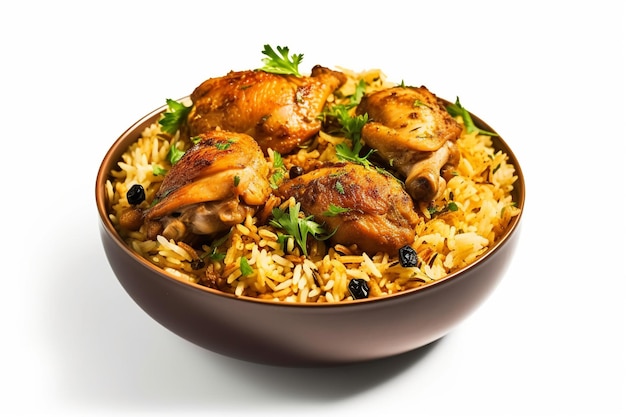 Photo a bowl of chicken biryani with a green sprig of olives on top.