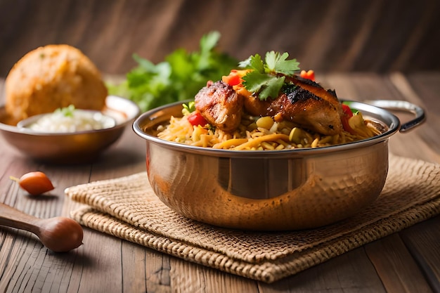 A bowl of chicken biryani with a side of naan bread on a table