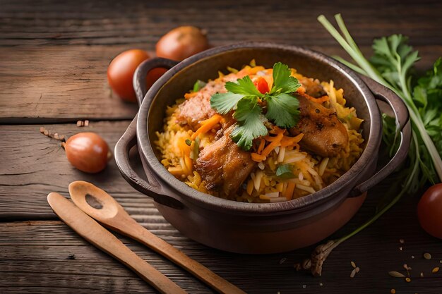 A bowl of chicken biryani with a spoon on a wooden table.