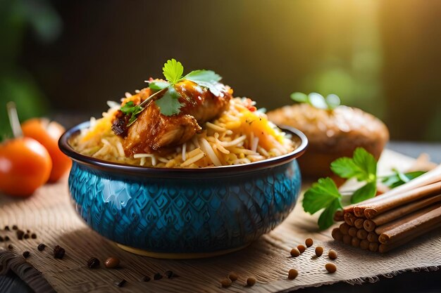 A bowl of chicken biryani with a sprig of parsley on top