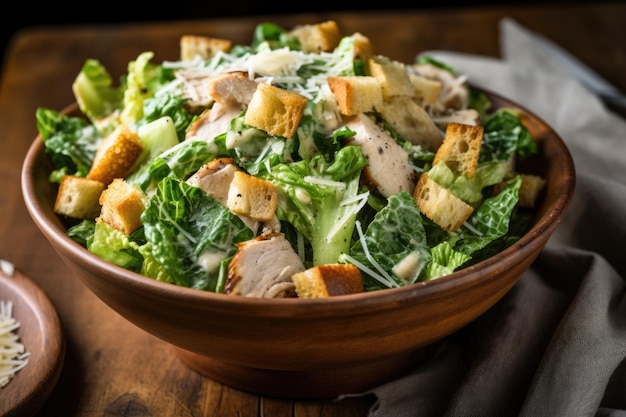 Bowl of chicken caesar salad with croutons and cheese sprinkled on top created with generative ai