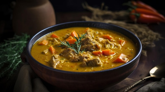 A bowl of chicken and carrot soup with a sprig of rosemary on the side