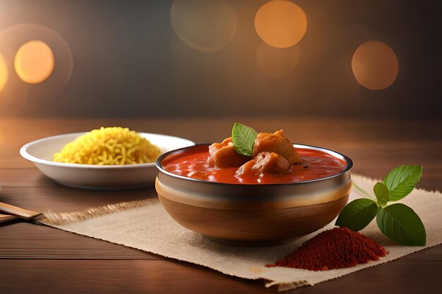 A bowl of chicken curry with a bowl of curry next to it.