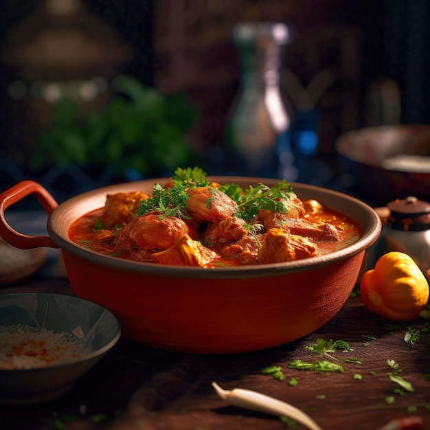 A bowl of chicken curry with a bowl of rice and a bowl of garlic