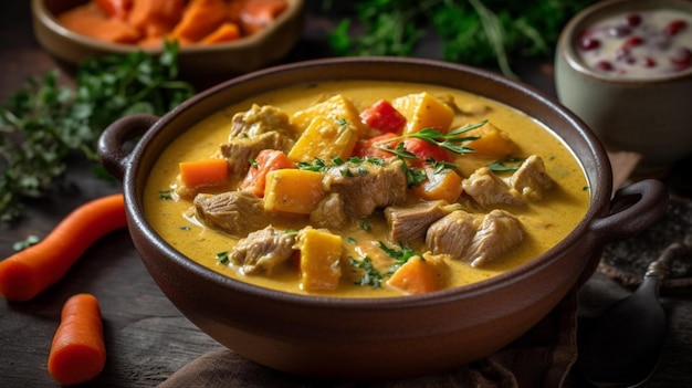 A bowl of chicken curry with carrots and parsley