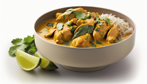 A bowl of chicken curry with limes on the side