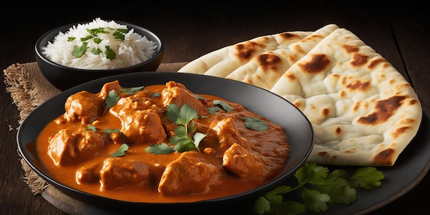 A bowl of chicken curry with naan bread and naan bread