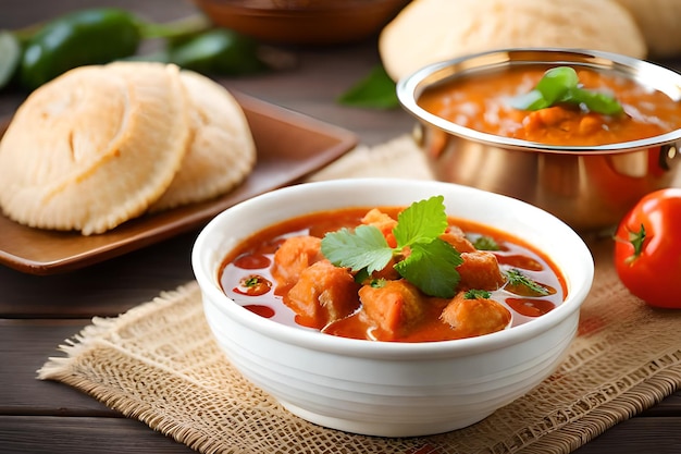 A bowl of chicken curry with naan bread on the side