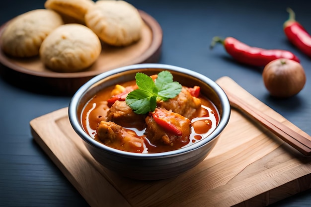 A bowl of chicken curry with a plate of rolls on the side