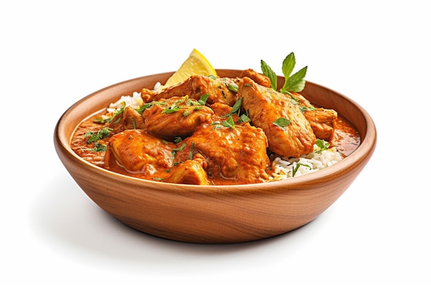 a bowl of chicken curry with rice and a lemon wedge.