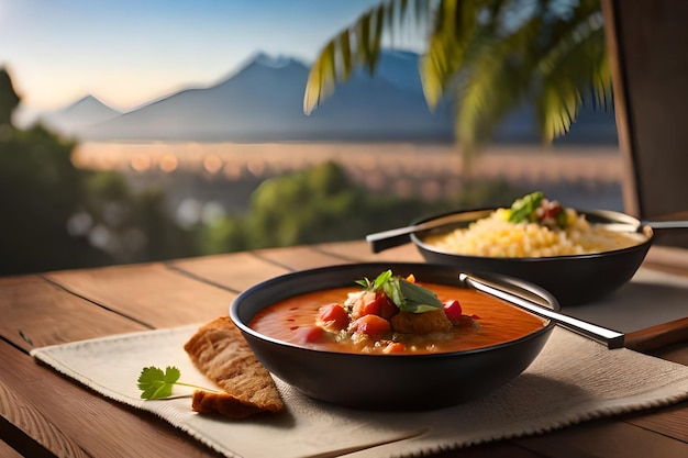 A bowl of chicken curry with rice and a mountain in the background