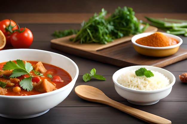 A bowl of chicken curry with rice and parsley on the side.