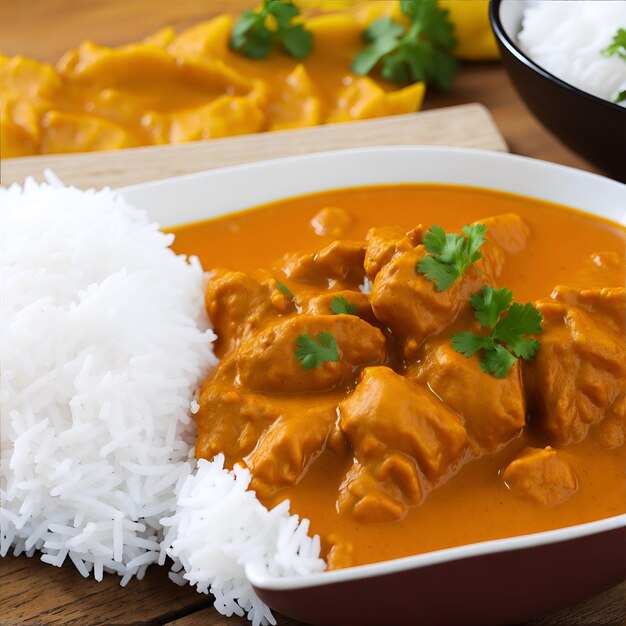 A bowl of chicken curry with rice and parsley.