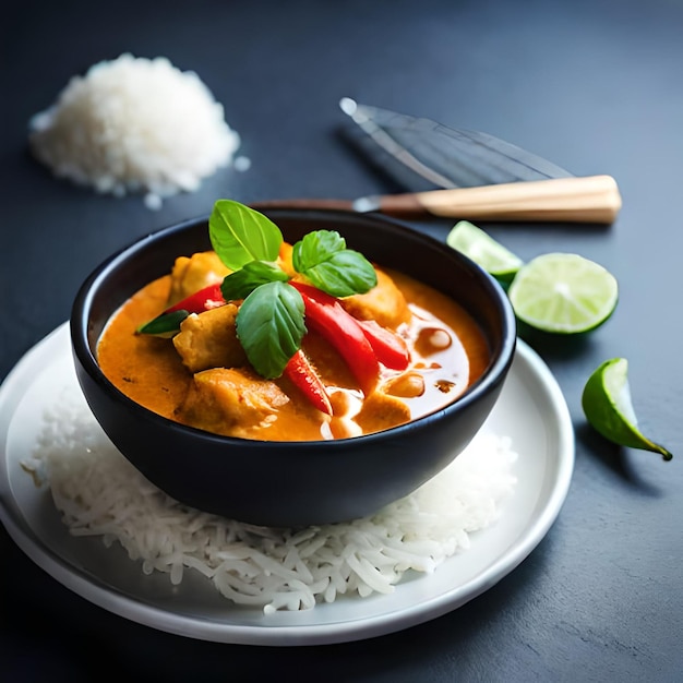A bowl of chicken curry with rice on a plate with a fork and a wooden handle.