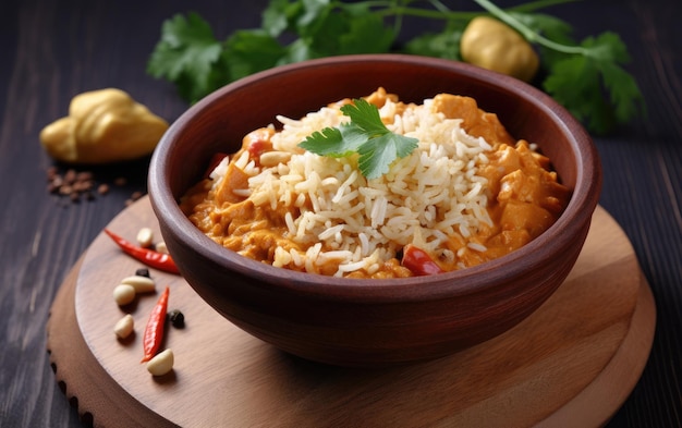 A bowl of chicken curry with rice and spices on a wooden board.