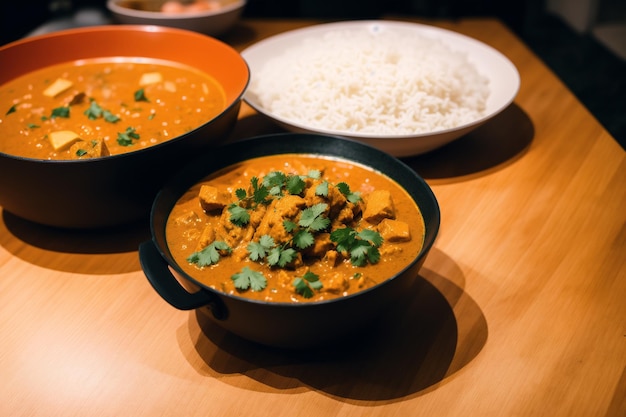 A bowl of chicken curry with rice on a table.