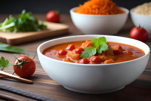 A bowl of chicken curry with rice and tomatoes on a table.