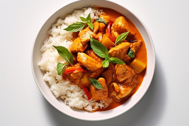 A bowl of chicken curry with rice on a white table.