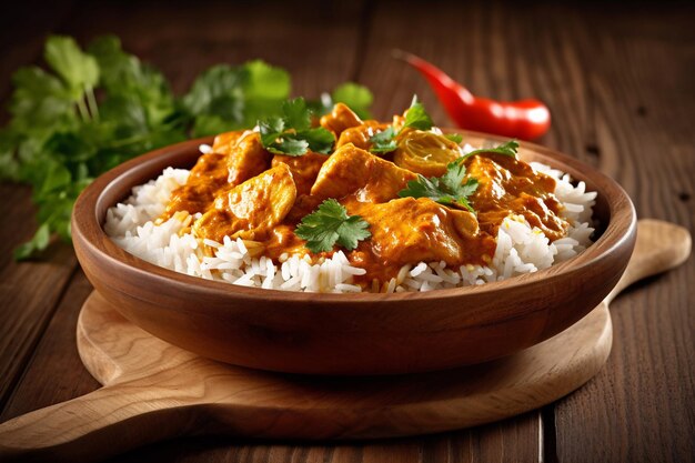 A bowl of chicken curry with rice on a wooden table.