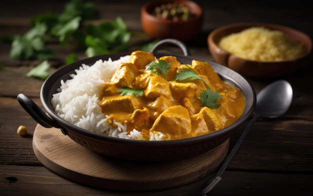 A bowl of chicken curry with rice on a wooden table.